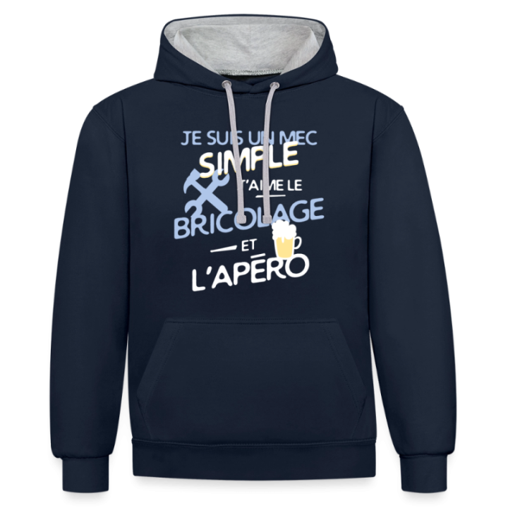 Sweat-shirt à capuche contrasté unisexe - Un mec simple: Bricolage et apéro - bleu marine/gris chiné - front