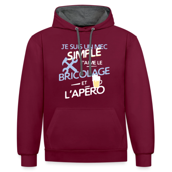Sweat-shirt à capuche contrasté unisexe - Un mec simple: Bricolage et apéro - bordeaux/anthracite - front