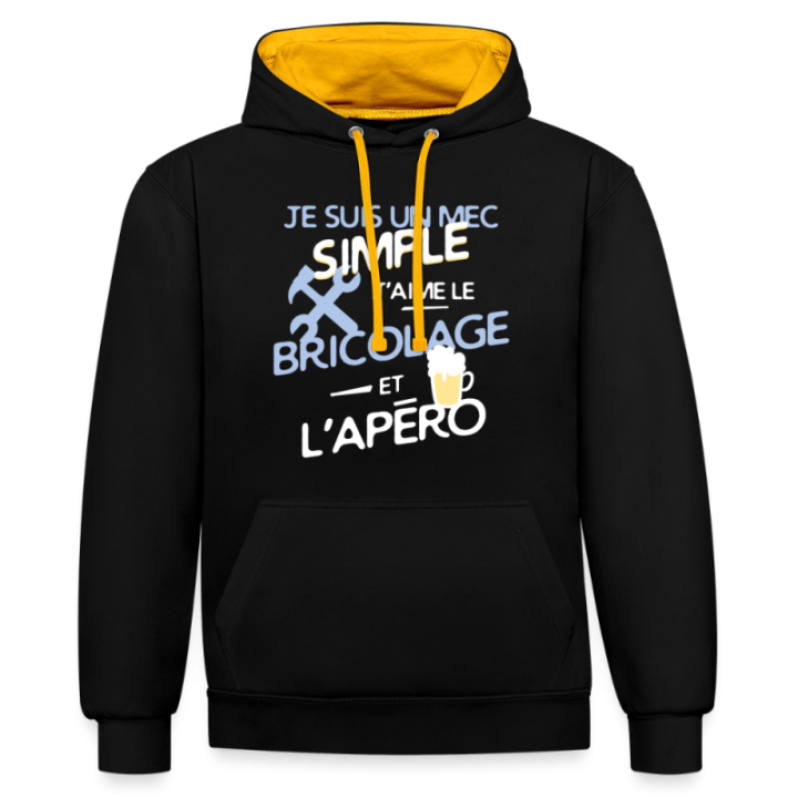 Sweat-shirt à capuche contrasté unisexe - Un mec simple: Bricolage et apéro - noir/or - front