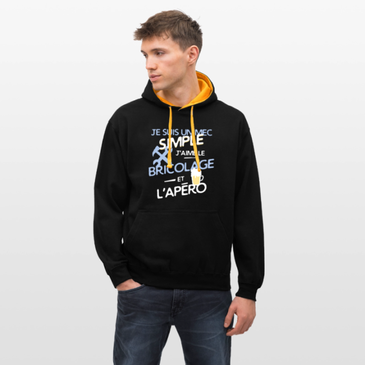 Sweat-shirt à capuche contrasté unisexe - Un mec simple: Bricolage et apéro - noir/or - front