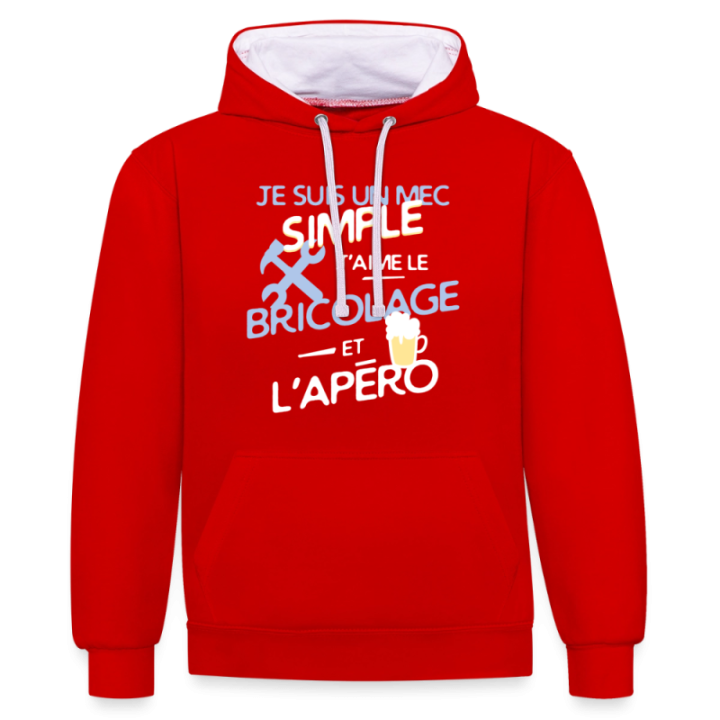 Sweat-shirt à capuche contrasté unisexe - Un mec simple: Bricolage et apéro - rouge/blanc - front