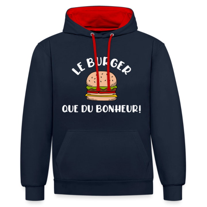 Sweat-shirt à capuche contrasté unisexe - Burger: Que du bonheur - bleu marine/rouge - front