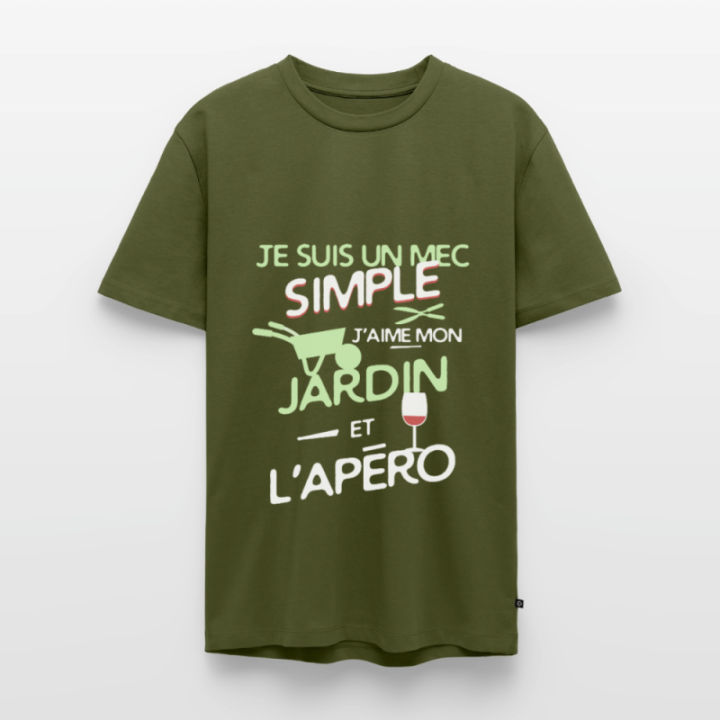 T-shirt premium homme - Un mec simple: Jardin et apéro - kaki - front