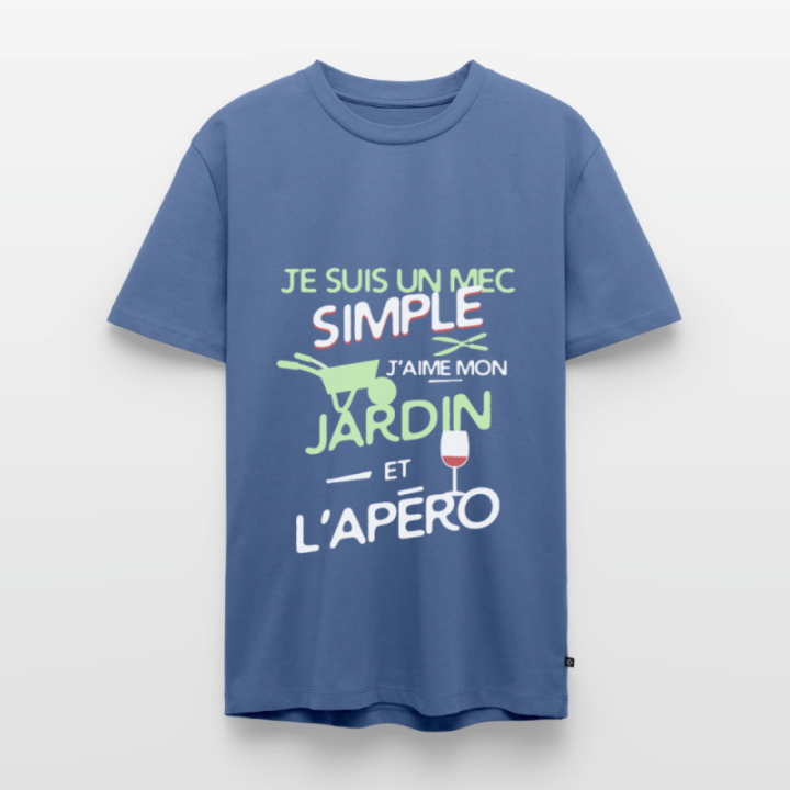 T-shirt premium homme - Un mec simple: Jardin et apéro - bleu pigeon - front