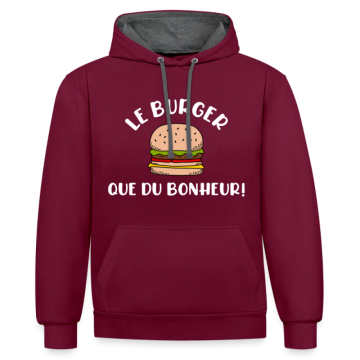 Sweat-shirt à capuche contrasté unisexe - Burger: Que du bonheur - bordeaux/anthracite - front