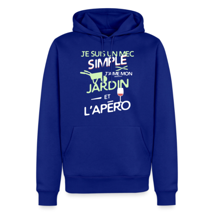 Sweat-shirt à capuche premium homme - Un mec simple: Jardin et apéro - bleu roi - front