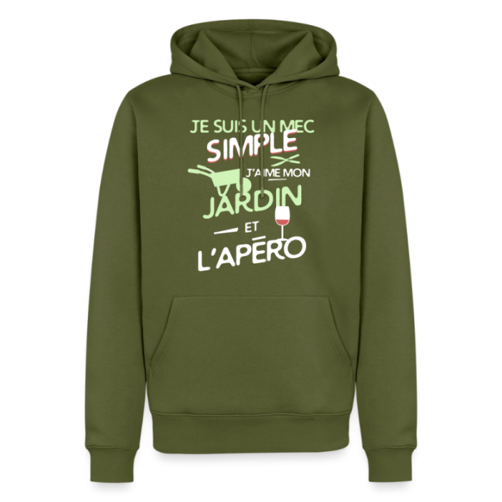 Sweat-shirt à capuche premium homme - Un mec simple: Jardin et apéro - kaki - front