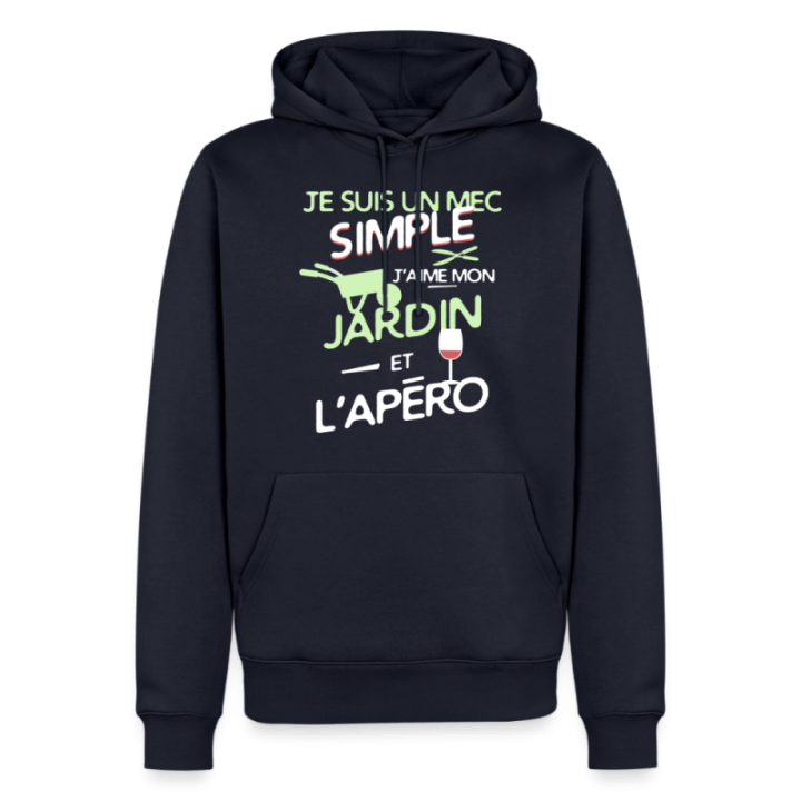 Sweat-shirt à capuche premium homme - Un mec simple: Jardin et apéro - bleu marine - front