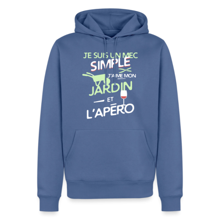 Sweat-shirt à capuche premium homme - Un mec simple: Jardin et apéro - bleu pigeon - front