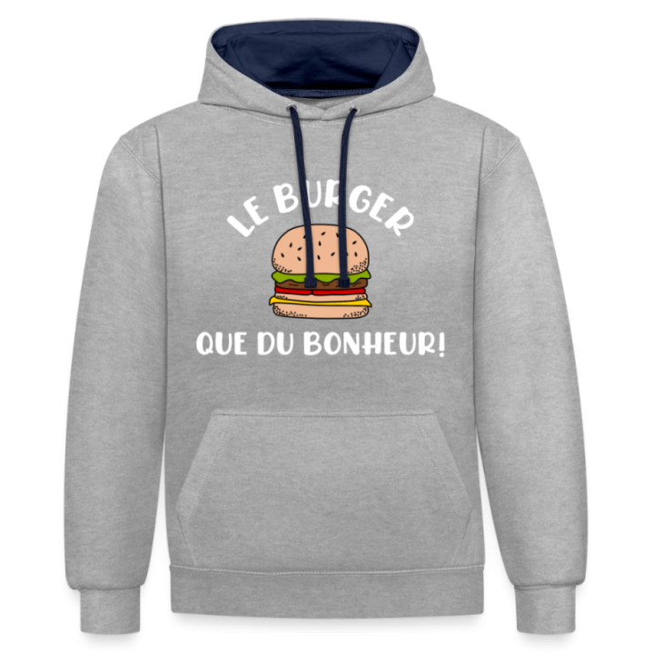 Sweat-shirt à capuche contrasté unisexe - Burger: Que du bonheur - gris chiné/bleu marine - front
