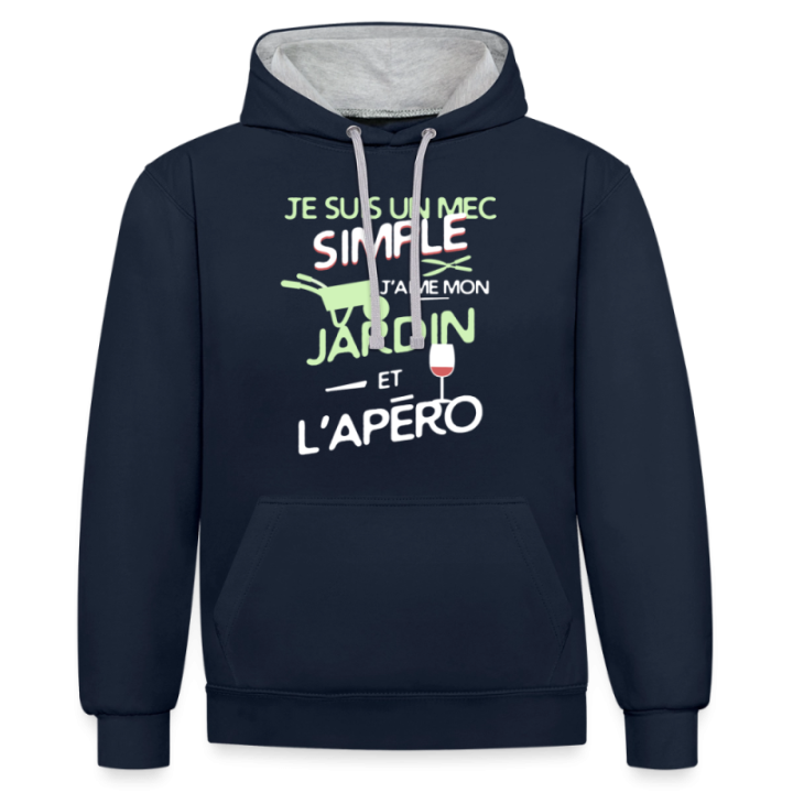 Sweat-shirt à capuche contrasté unisexe - Un mec simple: Jardin et apéro - bleu marine/gris chiné - front