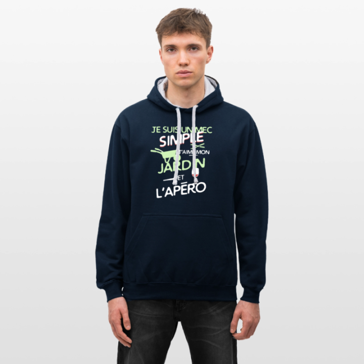 Sweat-shirt à capuche contrasté unisexe - Un mec simple: Jardin et apéro - bleu marine/gris chiné - front
