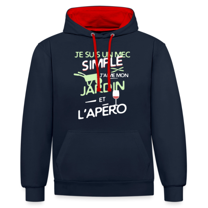 Sweat-shirt à capuche contrasté unisexe - Un mec simple: Jardin et apéro - bleu marine/rouge - front