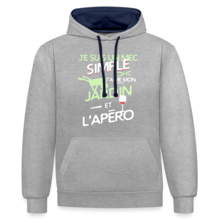 Sweat-shirt à capuche contrasté unisexe - Un mec simple: Jardin et apéro - gris chiné/bleu marine - front