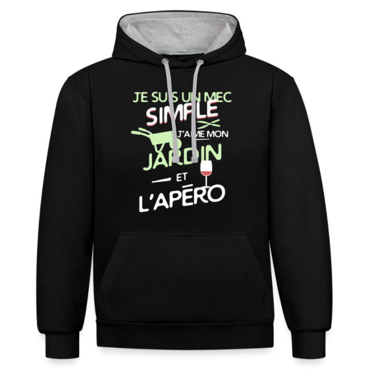 Sweat-shirt à capuche contrasté unisexe - Un mec simple: Jardin et apéro - noir/gris chiné - front
