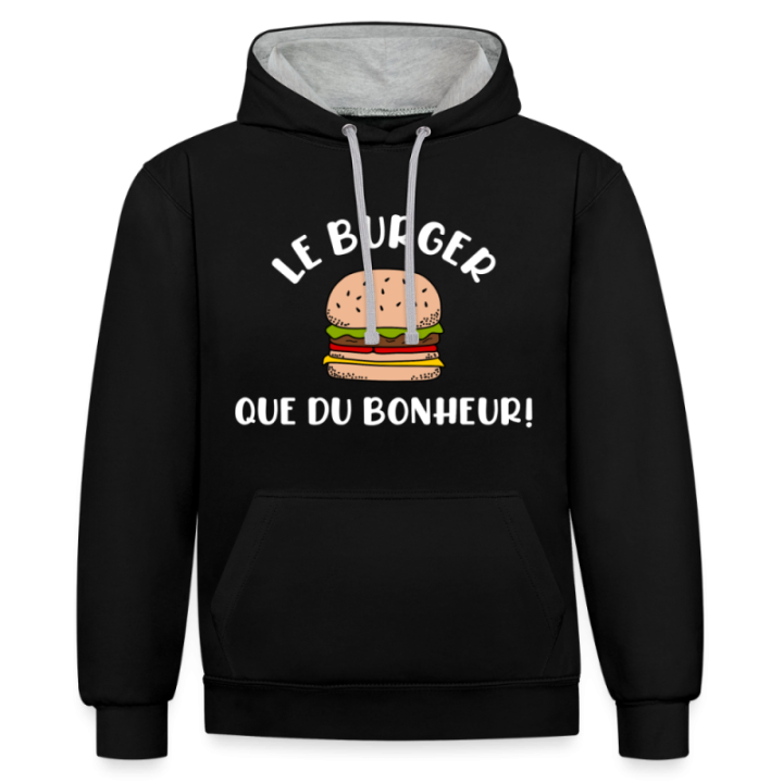 Sweat-shirt à capuche contrasté unisexe - Burger: Que du bonheur - noir/gris chiné - front