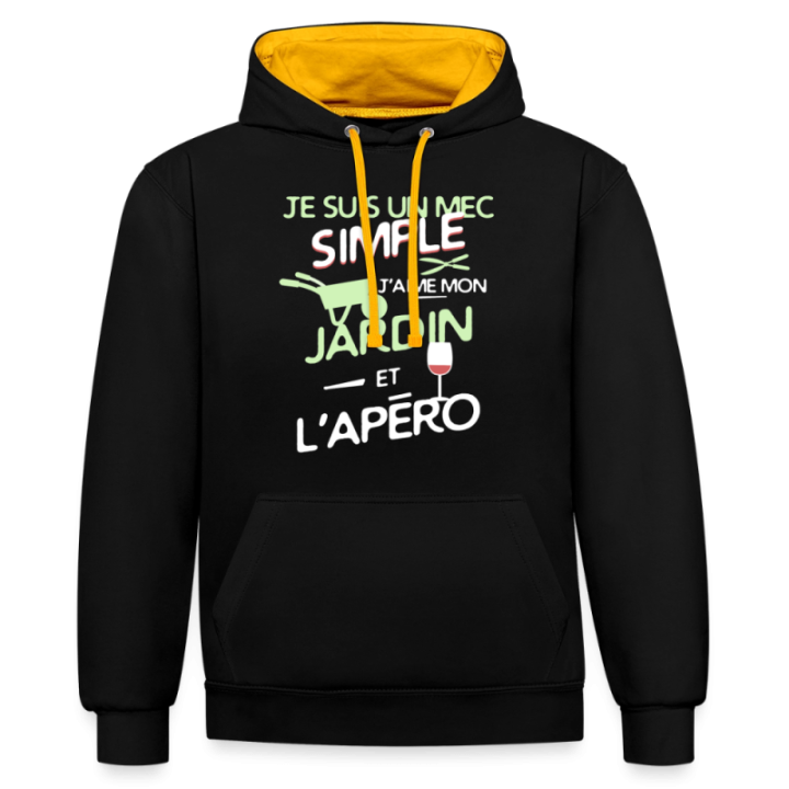 Sweat-shirt à capuche contrasté unisexe - Un mec simple: Jardin et apéro - noir/or - front