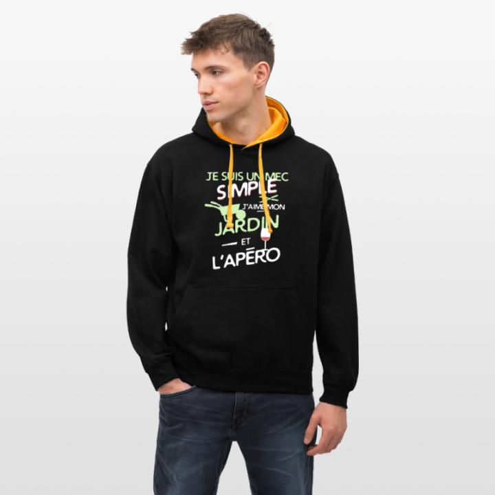 Sweat-shirt à capuche contrasté unisexe - Un mec simple: Jardin et apéro - noir/or - front