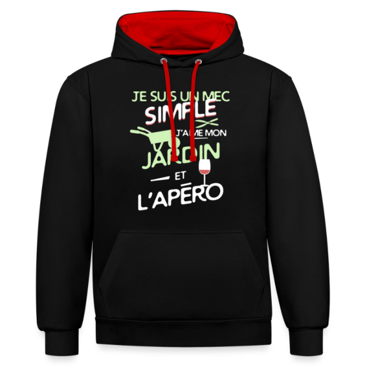 Sweat-shirt à capuche contrasté unisexe - Un mec simple: Jardin et apéro - noir/rouge - front