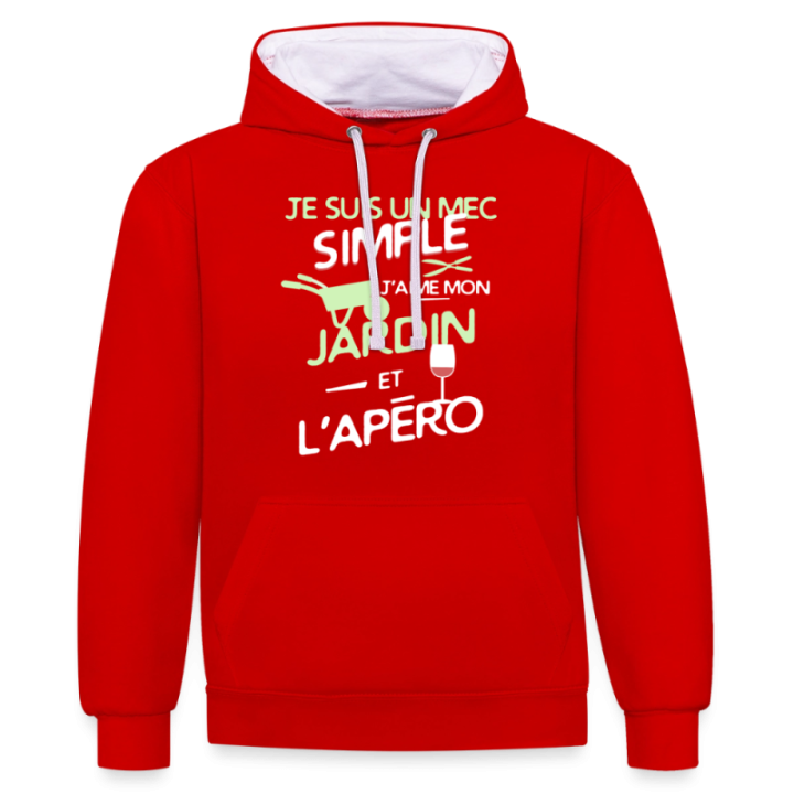 Sweat-shirt à capuche contrasté unisexe - Un mec simple: Jardin et apéro - rouge/blanc - front