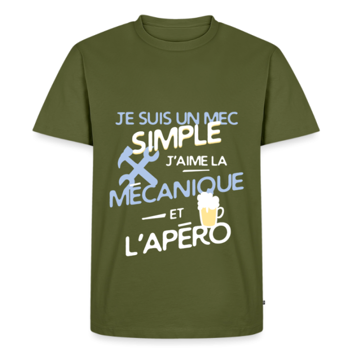 T-shirt premium homme - Un mec simple: Mécanique et apéro - kaki - front