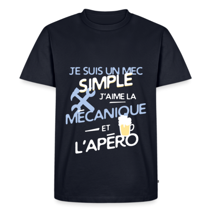 T-shirt premium homme - Un mec simple: Mécanique et apéro - bleu marine - front