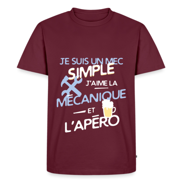 T-shirt premium homme - Un mec simple: Mécanique et apéro - bourgogne - front