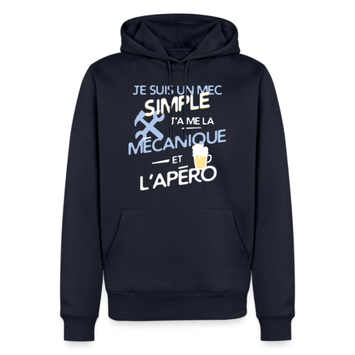 Sweat-shirt à capuche premium homme - Un mec simple: Mécanique et apéro - bleu marine - front