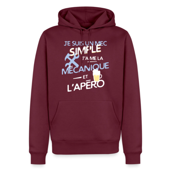 Sweat-shirt à capuche premium homme - Un mec simple: Mécanique et apéro - bourgogne - front