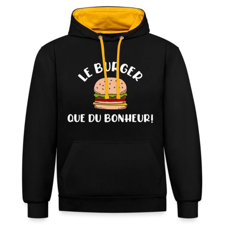 Sweat-shirt à capuche contrasté unisexe - Burger: Que du bonheur - noir/or - front