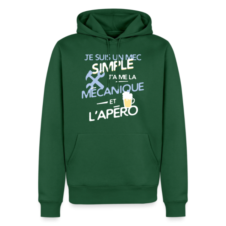 Sweat-shirt à capuche premium homme - Un mec simple: Mécanique et apéro - vert bouteille - front