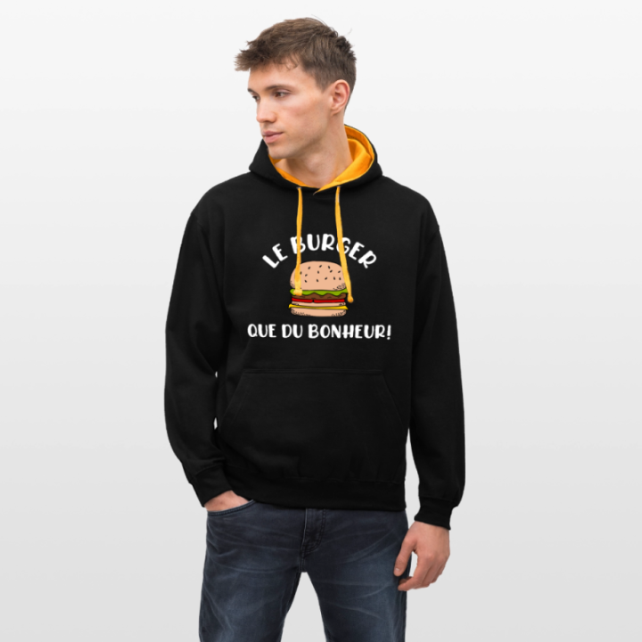 Sweat-shirt à capuche contrasté unisexe - Burger: Que du bonheur - noir/or - front