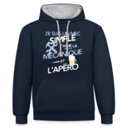 Sweat-shirt à capuche contrasté unisexe - Un mec simple: Mécanique et apéro - bleu marine/gris chiné - front