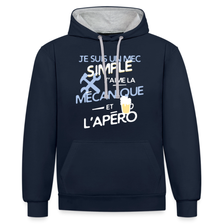 Sweat-shirt à capuche contrasté unisexe - Un mec simple: Mécanique et apéro - bleu marine/gris chiné - front