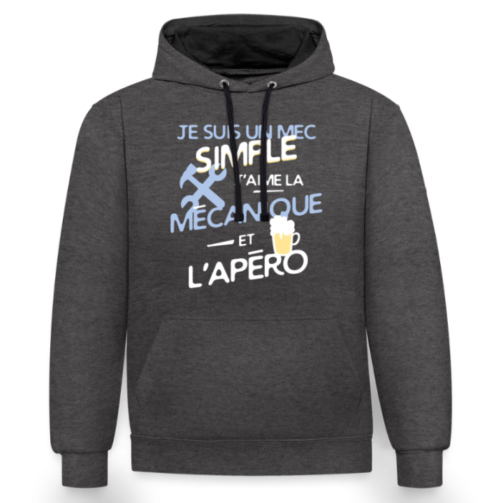 Sweat-shirt à capuche contrasté unisexe - Un mec simple: Mécanique et apéro - anthracite/noir - front