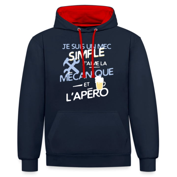 Sweat-shirt à capuche contrasté unisexe - Un mec simple: Mécanique et apéro - bleu marine/rouge - front