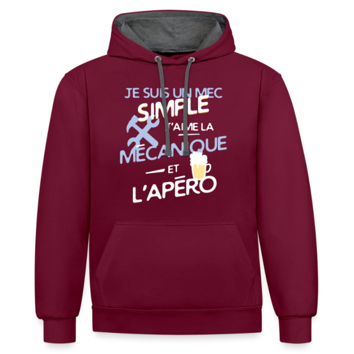 Sweat-shirt à capuche contrasté unisexe - Un mec simple: Mécanique et apéro - bordeaux/anthracite - front