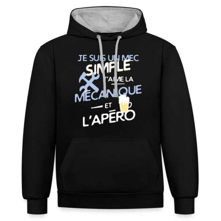 Sweat-shirt à capuche contrasté unisexe - Un mec simple: Mécanique et apéro - noir/gris chiné - front