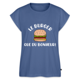 T-shirt à manches retroussées femme - Burger: Que du bonheur - bleu pigeon - front