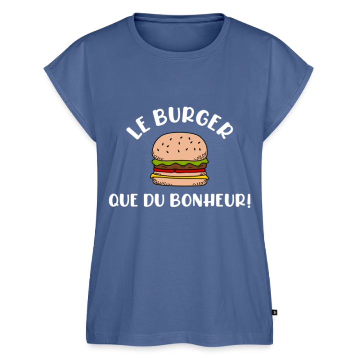 T-shirt à manches retroussées femme - Burger: Que du bonheur - bleu pigeon - front