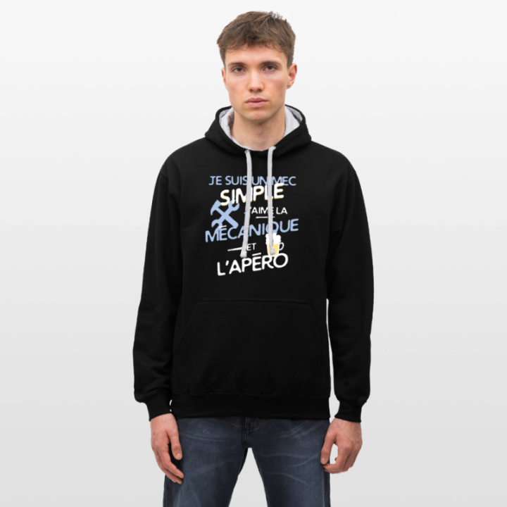 Sweat-shirt à capuche contrasté unisexe - Un mec simple: Mécanique et apéro - noir/gris chiné - front