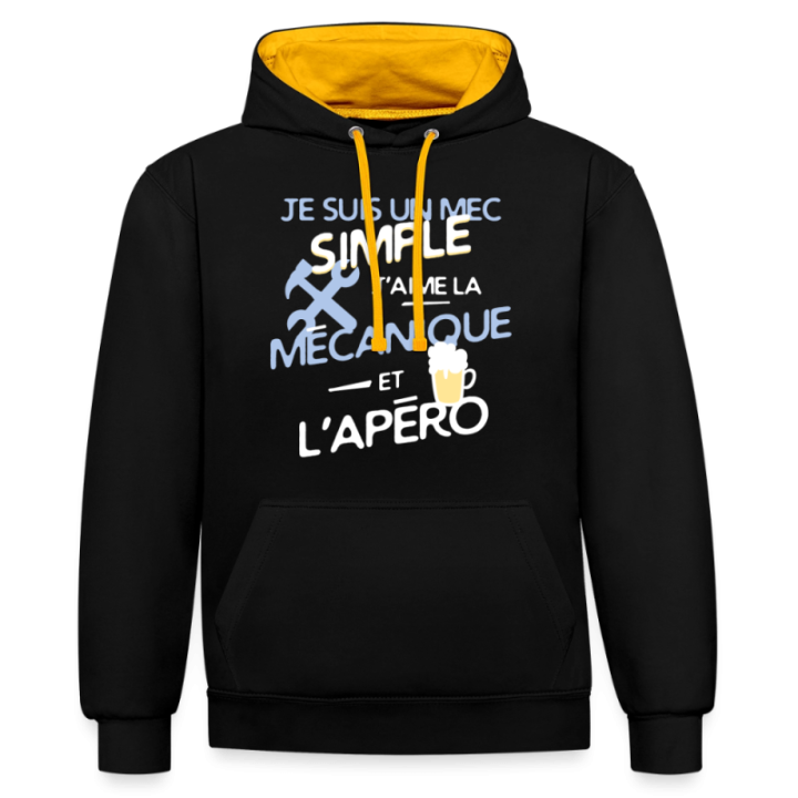 Sweat-shirt à capuche contrasté unisexe - Un mec simple: Mécanique et apéro - noir/or - front