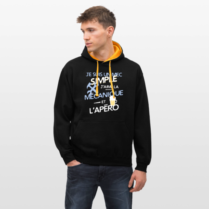 Sweat-shirt à capuche contrasté unisexe - Un mec simple: Mécanique et apéro - noir/or - front