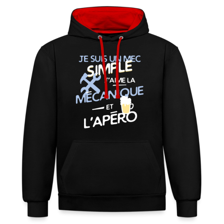 Sweat-shirt à capuche contrasté unisexe - Un mec simple: Mécanique et apéro - noir/rouge - front