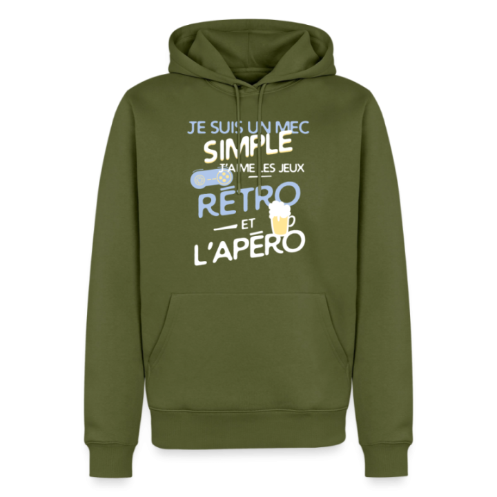 Sweat-shirt à capuche premium homme - Un mec simple: Jeux rétro et apéro - kaki - front