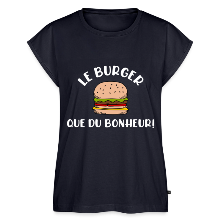T-shirt à manches retroussées femme - Burger: Que du bonheur - bleu marine - front