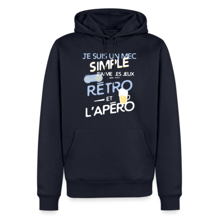 Sweat-shirt à capuche premium homme - Un mec simple: Jeux rétro et apéro - bleu marine - front