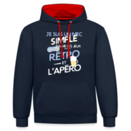 Sweat-shirt à capuche contrasté unisexe - Un mec simple: Jeux rétro et apéro - bleu marine/rouge - front
