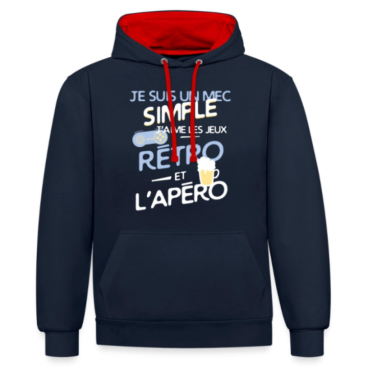 Sweat-shirt à capuche contrasté unisexe - Un mec simple: Jeux rétro et apéro - bleu marine/rouge - front
