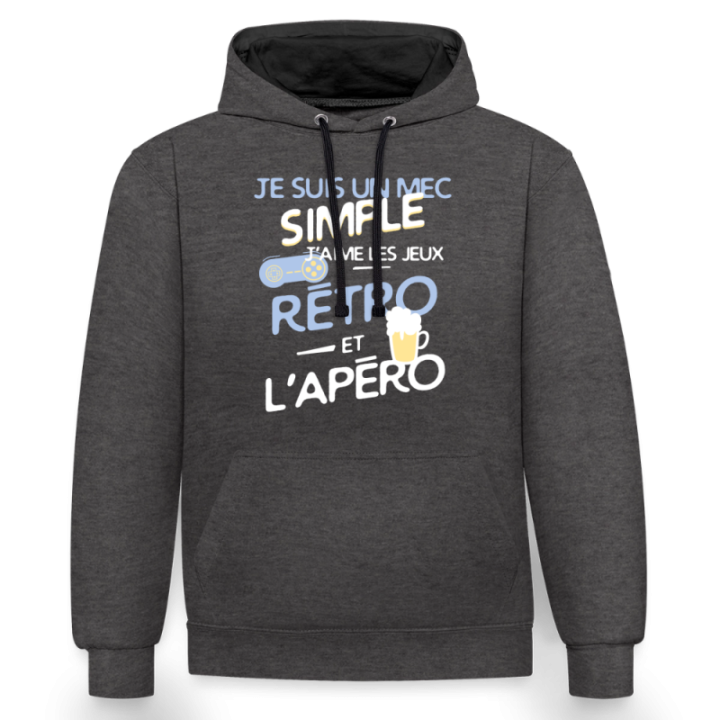 Sweat-shirt à capuche contrasté unisexe - Un mec simple: Jeux rétro et apéro - anthracite/noir - front